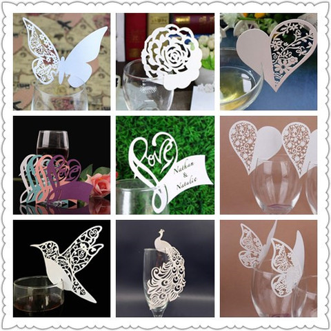 50 Uds mariposa/corazón/amor/pájaro/mariposa/pavo real/peacock/corte láser de vidrio de vino de tarjetas de nombre y lugar para las mesas deco boda cumpleaños Navidad ► Foto 1/6