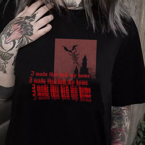 Made Hell My Home, camiseta gótica para mujer, camisetas gráficas satánicas estéticas de estilo Grunge, Camiseta de algodón para mujer de gran tamaño para Halloween ► Foto 1/4