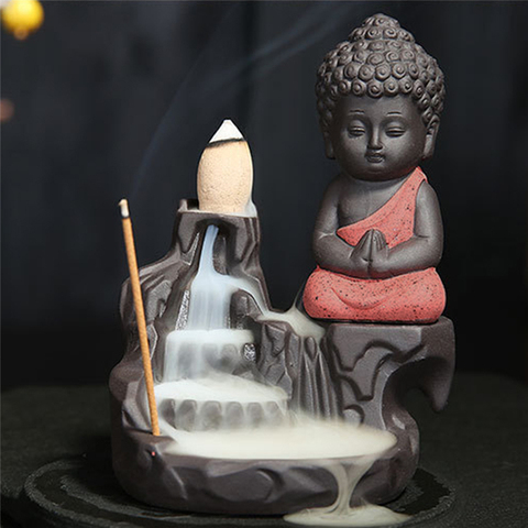 De cerámica pequeño monje humo reflujo quemador de incienso titular de la estatua de Buddha Maitreya de cascada incensario de decoración para el hogar ► Foto 1/6