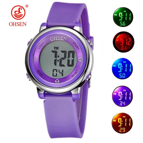 Famosa marca OHSEN chica mujeres deporte digital reloj LCD 50M buceo púrpura dial correa de silicona de los niños de dibujos animados reloj de pulsera chico regalo ► Foto 1/6