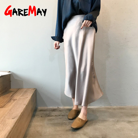 Garemay-falda de satén de cintura alta para mujer, falda larga hasta la rodilla, elegante, de seda, lisa, Vintage, para verano ► Foto 1/6