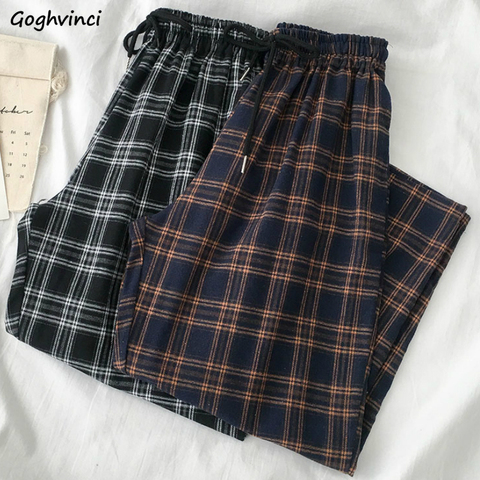 Pantalones informales a cuadros para mujer, pantalones de pierna ancha a cuadros, de cintura elástica, sencillos, modernos y elegante, Harajuku, combina con todo, nuevo ► Foto 1/6