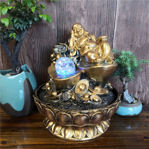 Hecho a mano regalos suerte Feng Shui decoración oro Maitreya Buda estatuas interior de agua de escritorio de fuentes con Led brillante bolas ► Foto 1/6