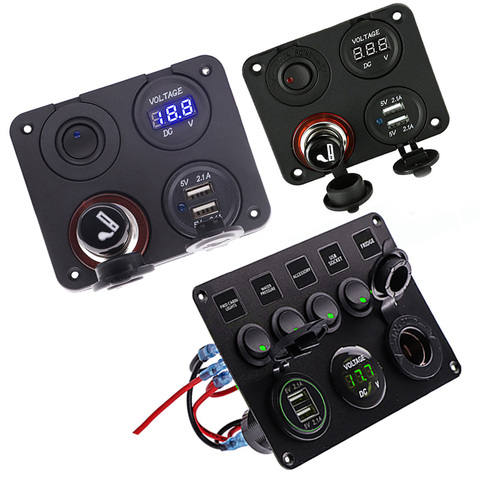 Panel de interruptor basculante LED con voltímetro Digital, doble puerto USB, 12V de salida, interruptores impermeables combinados para coche, barco marino ► Foto 1/6