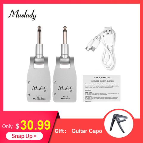 Muslady 2,4G transmisor receptor de guitarra inalámbrico transmisor inalámbrico batería recargable de guitarra 30M negro/plata ► Foto 1/6