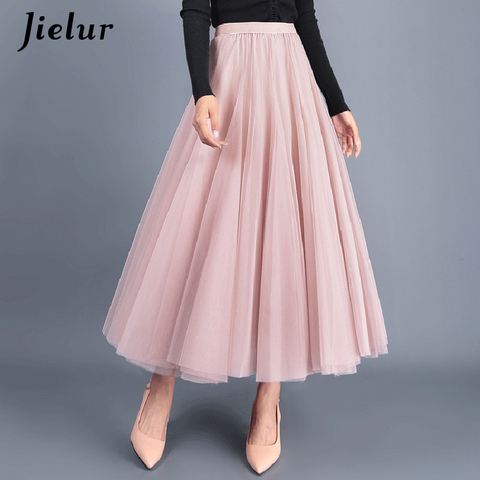 Jielur otoño 3 capas princesa tul faldas Vintage Color sólido malla mujeres Falda plisada A-line Saia mujer Jupe tutú faldas ► Foto 1/6