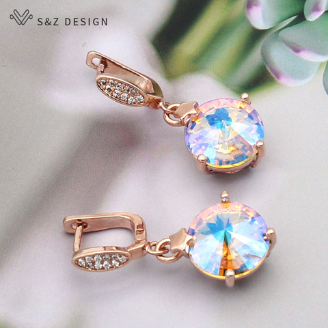 S & Z-pendientes colgantes de cristal redondos y coloridos para mujer, aretes de circonia cúbica de oro rosa 585, regalo de joyería ► Foto 1/6