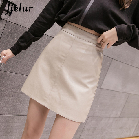 Jielur-minifalda de cuero para mujer, falda Coreana de cintura alta, en 4 colores, negro elegante, Sexy ► Foto 1/6