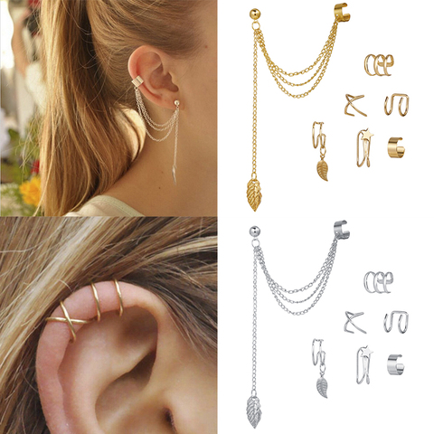 7 Uds. De pendientes de Clip para la oreja, sin perforación, con hojas de estrella dorada, para mujeres, accesorios de joyería para el cartílago falso Simple ► Foto 1/6