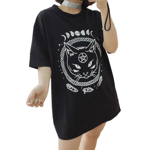Camiseta gótica de gato espacial, camisa Hipster con estampado de brujería, fase lunar, color negro ► Foto 1/5