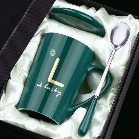 Tazas de cerámica con diseño de letra original, tazas con tapa de cuchara, color verde, dorado, para café, leche, 380ml ► Foto 1/6