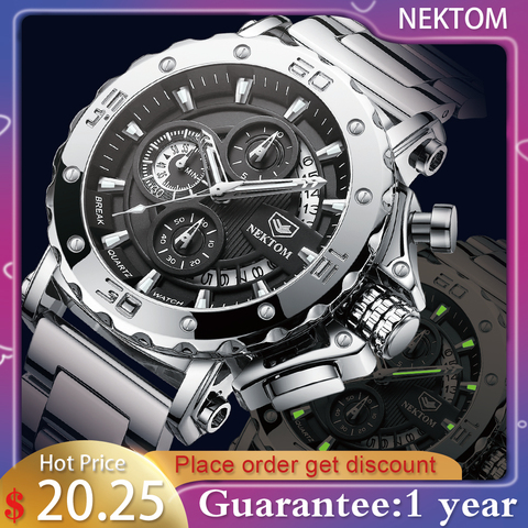 NEKTOM-reloj de cuarzo para hombre, cronógrafo de pulsera, resistente al agua, con correa de acero, militar, deportivo ► Foto 1/6