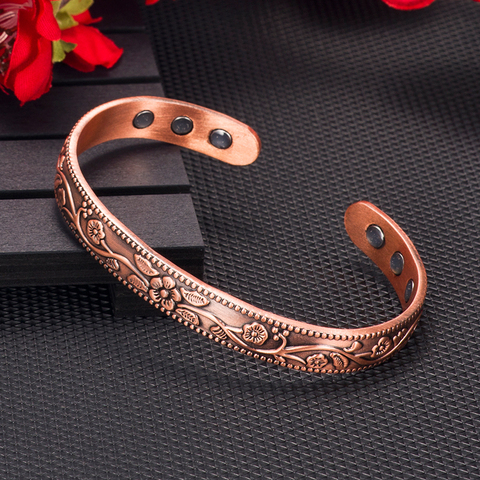 Vinterly cobre brazalete encantos Vintage flor energía magnética pulsera de cobre brazalete ajustable pulseras brazaletes para las mujeres ► Foto 1/6