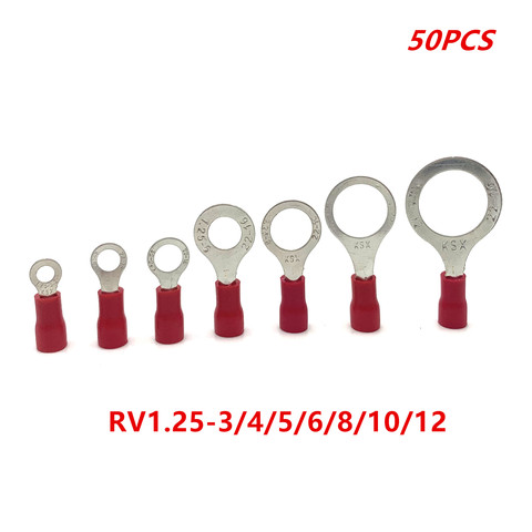 50 Uds rojo RV1.25- 3 4 5 6 8 10 12 anillo conector de Cable aislado eléctrica crimpado conector de Cable de Terminal AWG ► Foto 1/6