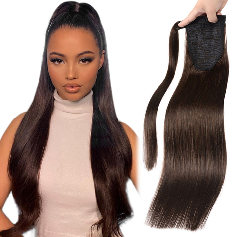 LuxyBeauty Cola de Caballo extensiones de cabello humano brasileño máquina de pelo recto Remy abrigo alrededor de la coleta Natural peluca Clip-Clip Ins 60-140g ► Foto 1/6