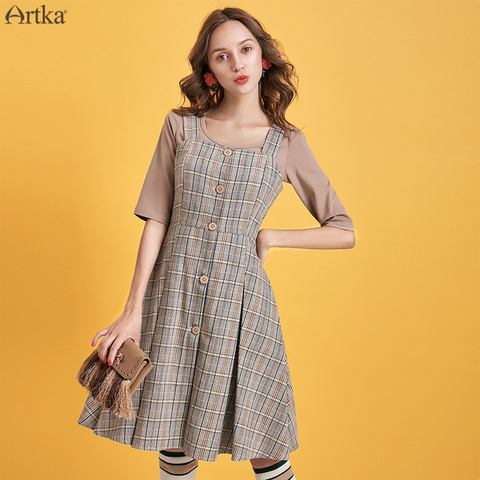 ARTKA 2022 otoño invierno nuevo vestido de mujer Vintage chaleco a cuadros vestidos de lana de moda vestido plisado de un solo pecho para mujer LA10391Q ► Foto 1/6