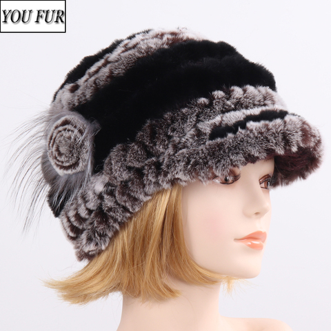 Gorro de piel de conejo Rex para mujer, gorro de punto con rayas y flores reales, 100% piel auténtica de conejo Rex, cálido para invierno ► Foto 1/6
