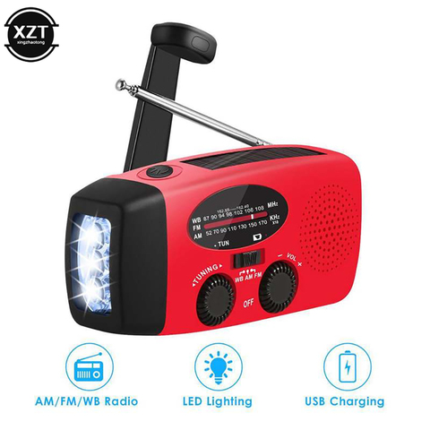 Receptor de RADIO de manivela Solar portátil, Mini Radio meteorológica AM/FM/WB con 3 luces LED, fuente de alimentación de emergencia/Banco al aire libre ► Foto 1/6