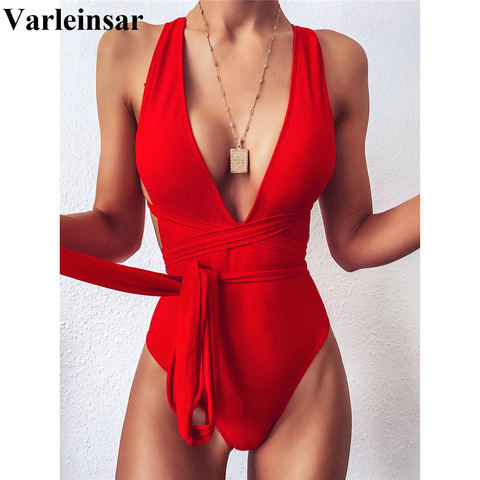 Bañador Sexy envolvente de una pieza para mujer, traje de baño con cuello de pico profundo, Monokini con Espalda descubierta, V1639R, 2022 ► Foto 1/6