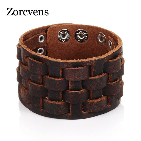 ZORCVENS hecho a mano pulseras de cuero genuino de moda de la marca marrón Punk ancho brazalete pulseras y brazalete para las mujeres de la joyería de los hombres ► Foto 1/6