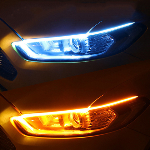 Luces LED de circulación diurna para coche, 2 uds., tira Flexible e impermeable, intermitente, color blanco, amarillo, 12V ► Foto 1/6