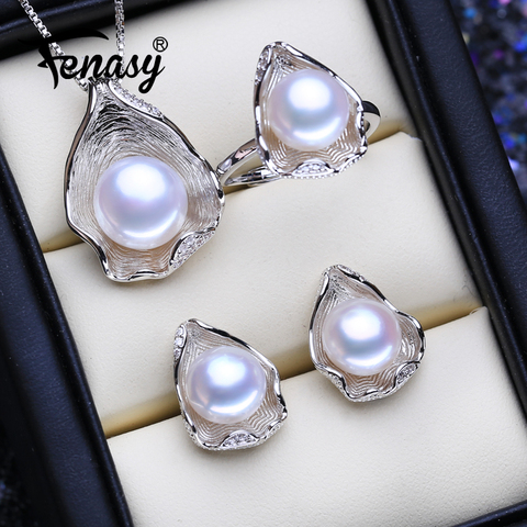 FENASY de Plata de Ley 925 juego de joyas de moda Natural collares de perlas colgantes para las mujeres forma de concha pendientes anillos de moda ► Foto 1/6