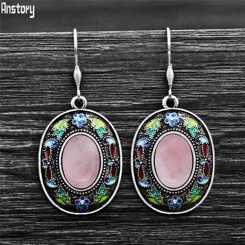 Pendientes lapislázuli de cuarzo ovalados para mujer, Vintage, pintura Bohemia, flor, planta, piedra Natural, pendiente de gancho de acero inoxidable ► Foto 1/6