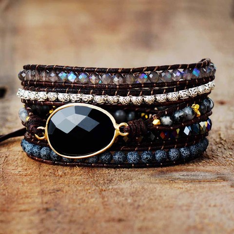 Pulsera de cuero de diseño nativo, brazalete de 5 hebras entrelazadas con ónix negro, joyería Bohemia ► Foto 1/4