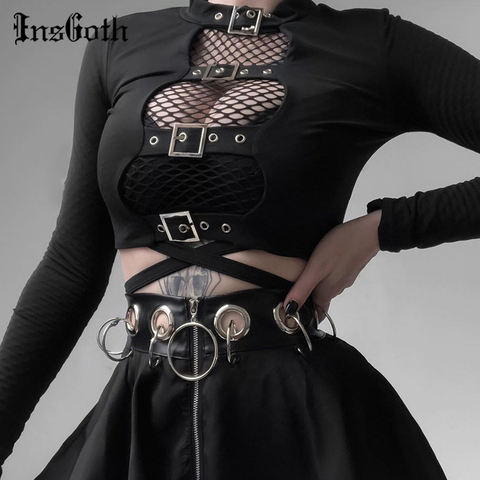 InsGoth, Sexy, Crop Tops para mujer, con agujeros, con hebilla, de manga larga, Bodycon, Tops gótico Punk negro, camiseta de fiesta para mujer ► Foto 1/6