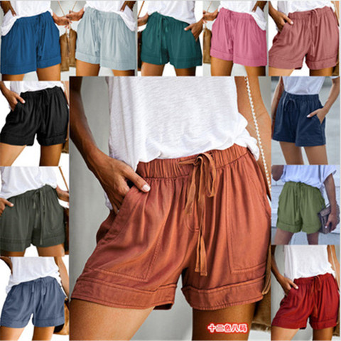 Pantalones cortos informales para mujer, shorts sencillos con bolsillos y cordón, cintura elástica, holgados, a la moda de hogar, 12 colores ► Foto 1/6