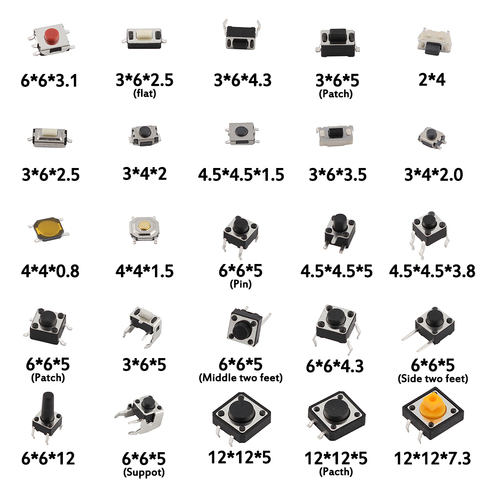Kit electrónico diy de 125 Uds., 25 tipos/lote surtido de Micro botón táctil, interruptor de reinicio Mini, interruptor tipo hoja SMD DIP 2*4 3*6 4*4 6*6 ► Foto 1/4