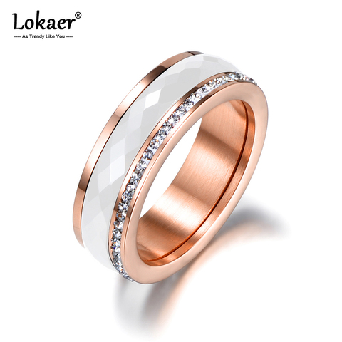 Lokaer-anillo clásico de cerámica blanca para mujer, de titanio y acero, joyería de oro rosa de cristal CZ para bodas, anillos de compromiso para mujer Anneaux R18056 ► Foto 1/6