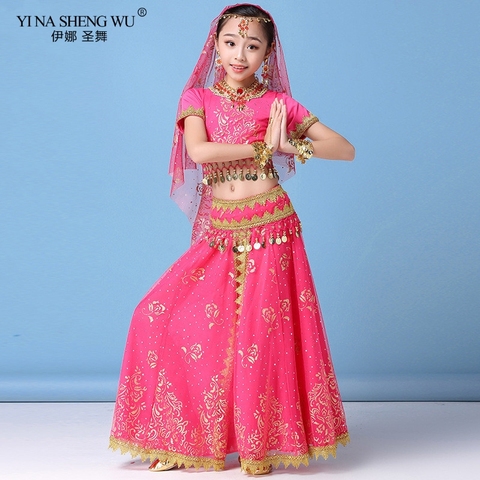 Conjunto de ropa para danza del vientre para niños, traje de baile indio, Sari Bollywood, de gasa, para actuaciones de danza del vientre ► Foto 1/6
