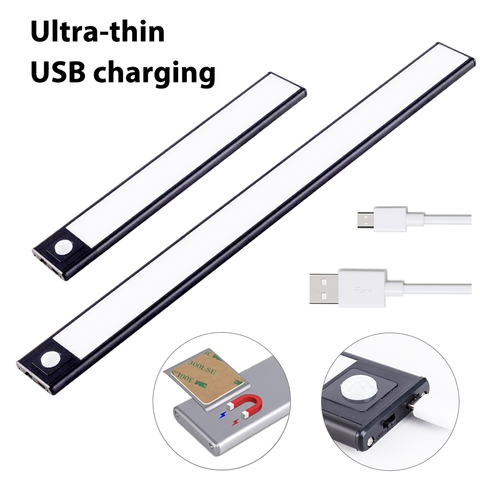 Iluminación LED ultrafina con USB para armarios de cocina, 3 modos, Sensor de movimiento PIR, recargable, de aluminio negro ► Foto 1/6