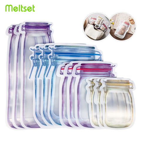 Mason Jar-bolsas reutilizables para botellas, bolsas para galletas de caramelo de frutos secos, Bolsa de almacenamiento de alimentos frescos de sellado impermeable, bocadillos, bolsas con cierre ► Foto 1/6