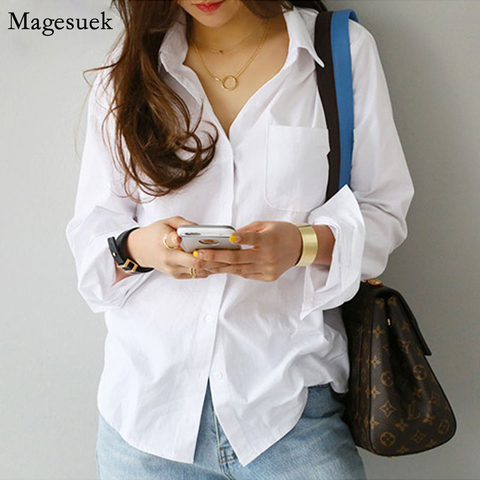 Blusa informal de algodón con manga larga para verano, camisa blanca de talla grande con botones para mujer, cuello vuelto, 3496 ► Foto 1/6