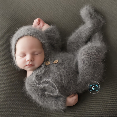 Pelele recién nacido con pies accesorios de fotografía, hecho a mano hilado de visón trajes Body con sombrero atrezos para fotografía de bebés ► Foto 1/6