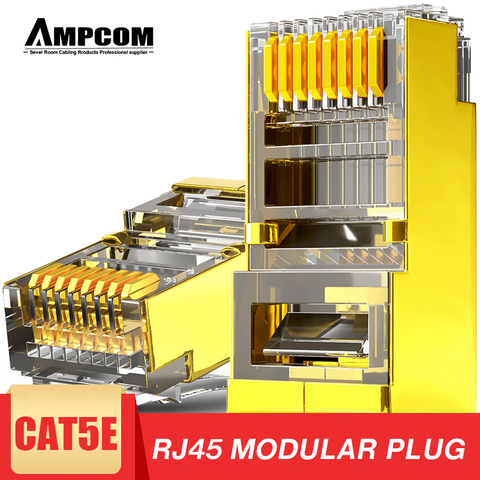 AMPCOM-conector Modular RJ45 CAT5E, Conector de clavija 8P8C Crimp End Ethernet, conector Ethernet, chapado en oro, 50U ► Foto 1/6