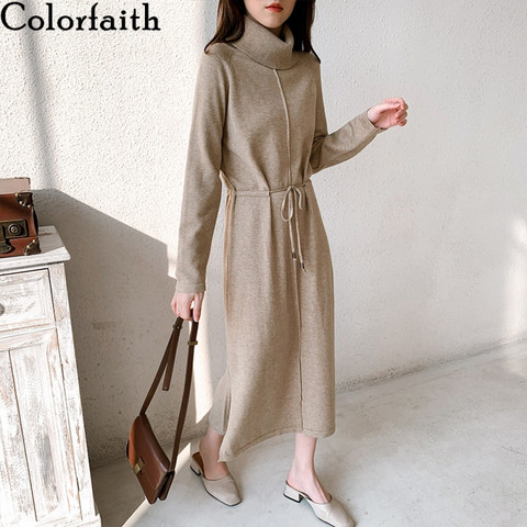 Colorfaith-Vestidos largos y elegantes de punto para mujer, vestidos de cuello alto con cordón de gran tamaño, apertura coreana, DR1029, otoño e invierno, 2022 ► Foto 1/6