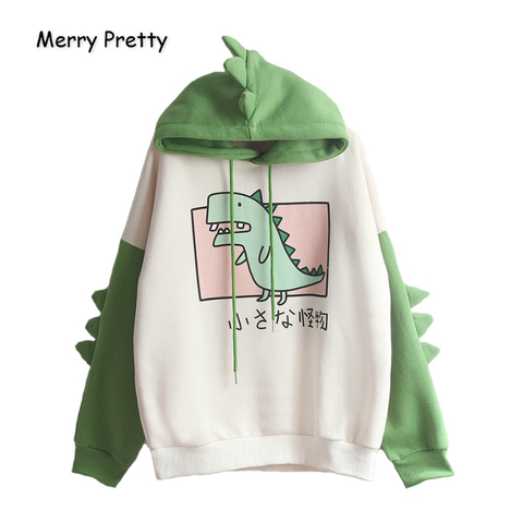 Sudaderas de dinosaurio Merry Pretty para mujeres, sudaderas con capucha de forro polar cálido, jerséis con cuernos Harajuku chicas con capucha, sudadera verde para adolescentes ► Foto 1/6