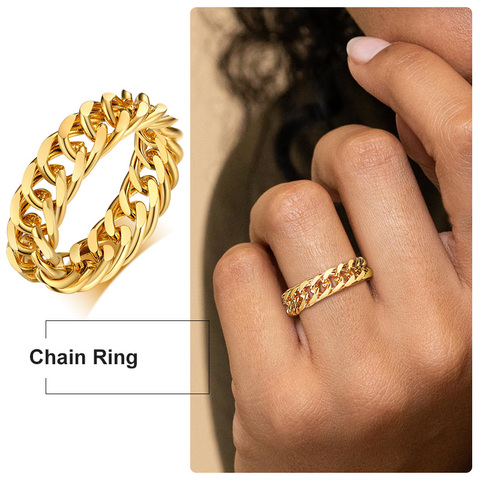 Anillo de cadena gruesa de 6mm de grosor, anillo elegante de acero inoxidable lleno de oro de eslabones cubanos para mujeres y niñas ► Foto 1/6