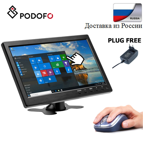 Podofo-Monitor LCD HD de 10,1 pulgadas, Mini pantalla de TV y ordenador a Color, Monitor de seguridad con entrada de vídeo de 2 canales, con altavoz, HDMI y VGA ► Foto 1/6