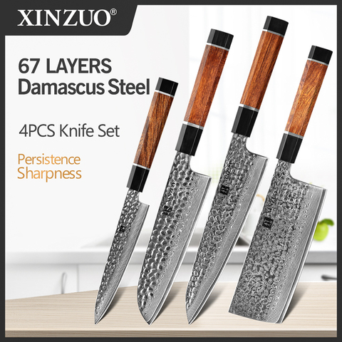 XINZUO-Juego de cubiertos de acero de Damasco para cocina, utensilios de cocina de corte de Chef, Santoku, núcleo vg10, 4 Uds. ► Foto 1/6