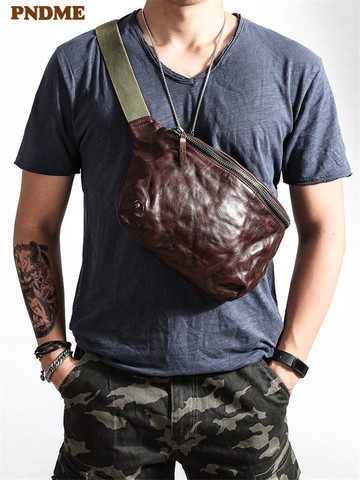 PNDME-Bolso de pecho vintage de piel auténtica suave para hombre, morral de cintura informal de piel de vaca, bandolera para adolescentes ► Foto 1/6