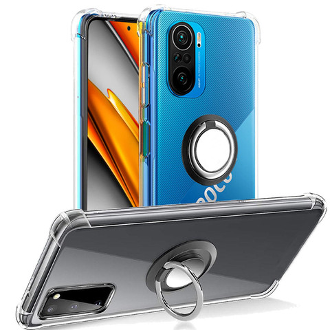 Metal Soporte con anillo Funda Poco F3 Funda de silicona transparente antigolpes Funda de teléfono Carcasa para Xiaomi Pocophone Pocco poko F 3 Pocofone F3 Case Cover Poco X3 NFC Pro Pocof3 5G Fundas ► Foto 1/6