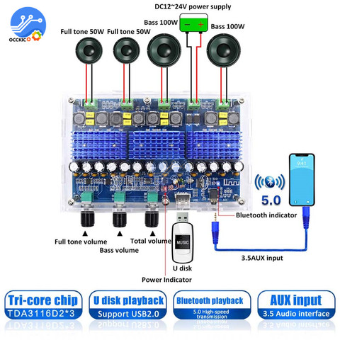 Placa amplificadora TPA3116 para cine en casa, amplificador de potencia Digital de 4 canales, Subwoofer de graves dobles, Bluetooth 5,0, XH-A310, 50Wx2 + 100Wx2 ► Foto 1/6