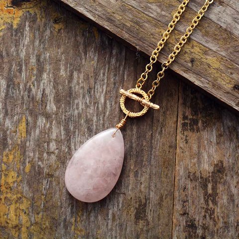 Colgante de cuarzo rosa en forma de lágrima, collar de piedra Natural en tono dorado, joyería elegante, venta al por mayor ► Foto 1/4