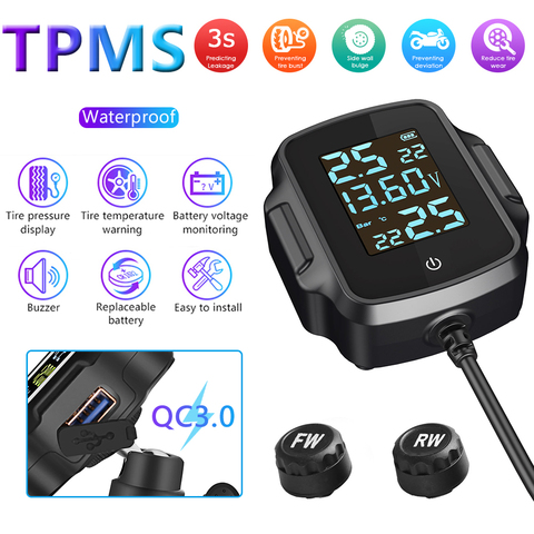 Motocicleta TPMS neumático de moto sistema de supervisión de presión neumático temperatura sistema de alarma con QC 3,0 USB cargador para el teléfono Tablet ► Foto 1/6