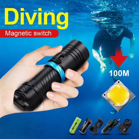 Linterna de buceo profesional IPX8, 100M, lámpara subacuática recargable, Led, resistente al agua, 18650, 26650 ► Foto 1/6