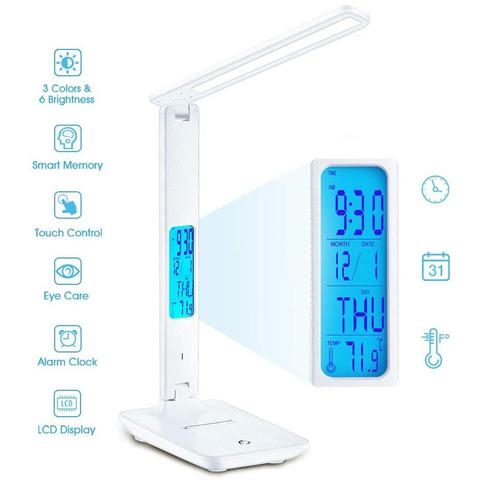 Lámpara de mesa LED plegable con batería de carga USB integrada, lámpara de escritorio con protección ocular para dormitorio, Control táctil, calendario, pantalla de reloj ► Foto 1/6